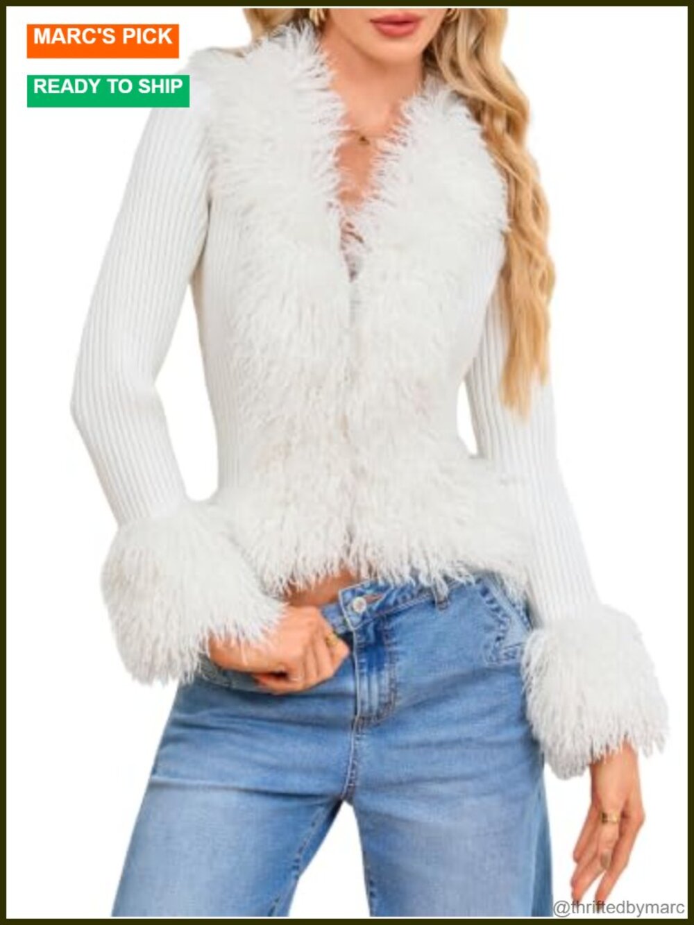 Faux Fur Trim V-Neck Cropped Cardigan Zip Up Knit Sweater